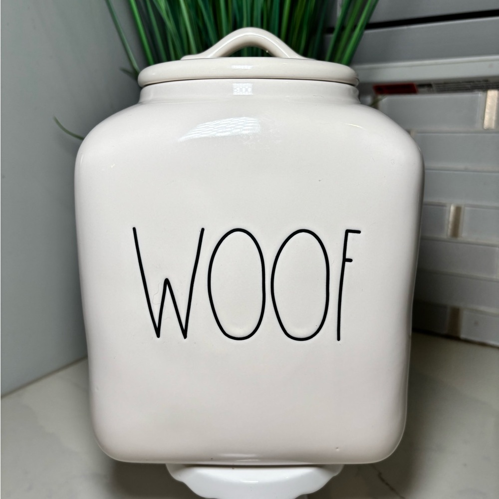 RARE Rae Dunn "WOOF" Dog Treat Large Square Canister white ceramic black font